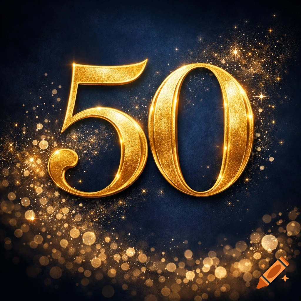 Golden number 50 surrounded by sparkling glitter on a dark blue background, suitable for a celebration.