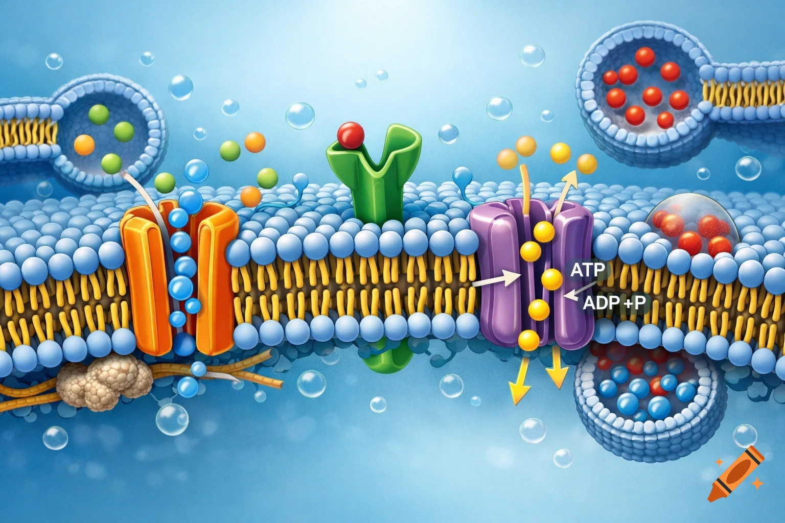 Detailed biological illustration of a cell membrane with embedded proteins and molecules moving across it, showing ATP and ADP+P.