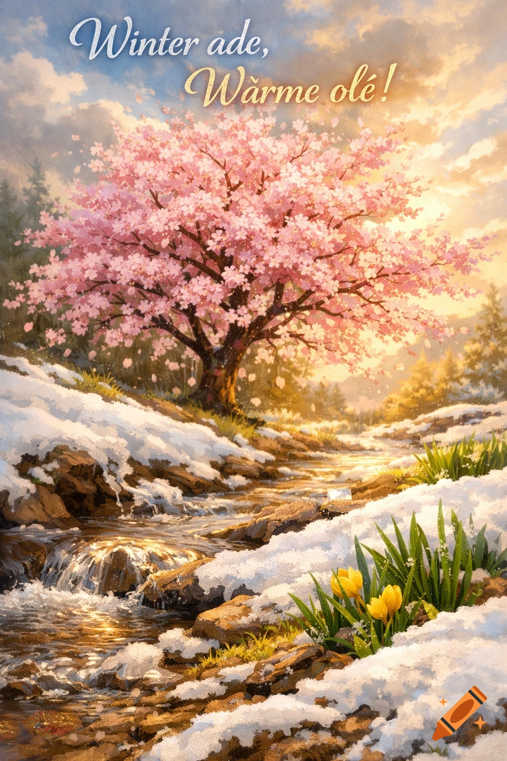 A vibrant digital painting of a cherry blossom tree blooming over a melting snowy stream, with yellow crocuses and the text 'Winter ade, Wärme olé!'.