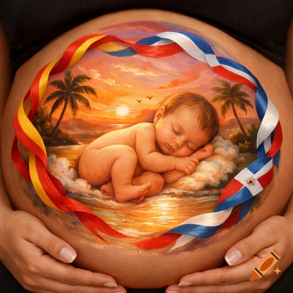 Pregnant belly with a painting of a sleeping baby, tropical sunset, and Spanish and Dominican flags as ribbons.