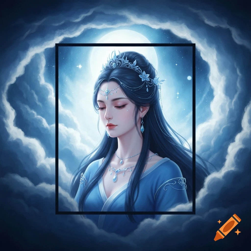 Digitally painted portrait of a serene woman with long dark blue hair, silver crown, and blue jewelry, against a full moon and blue clouds.