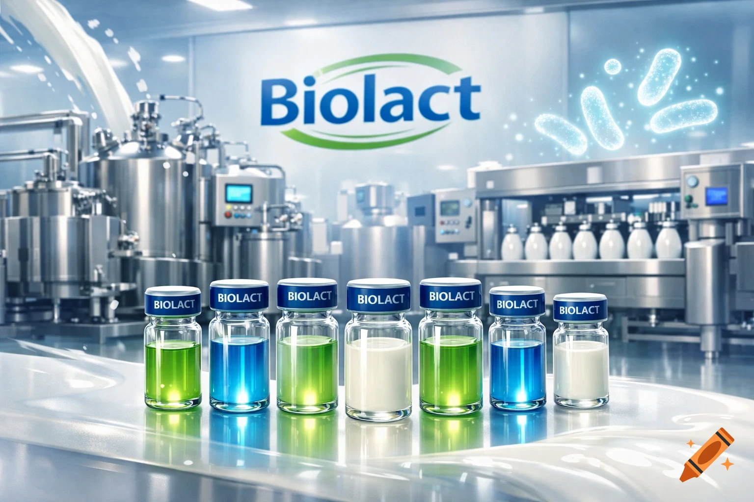 Photorealistic image of vials containing green, blue, and white liquids on a table in a modern biotechnology facility with a large Biolact logo.