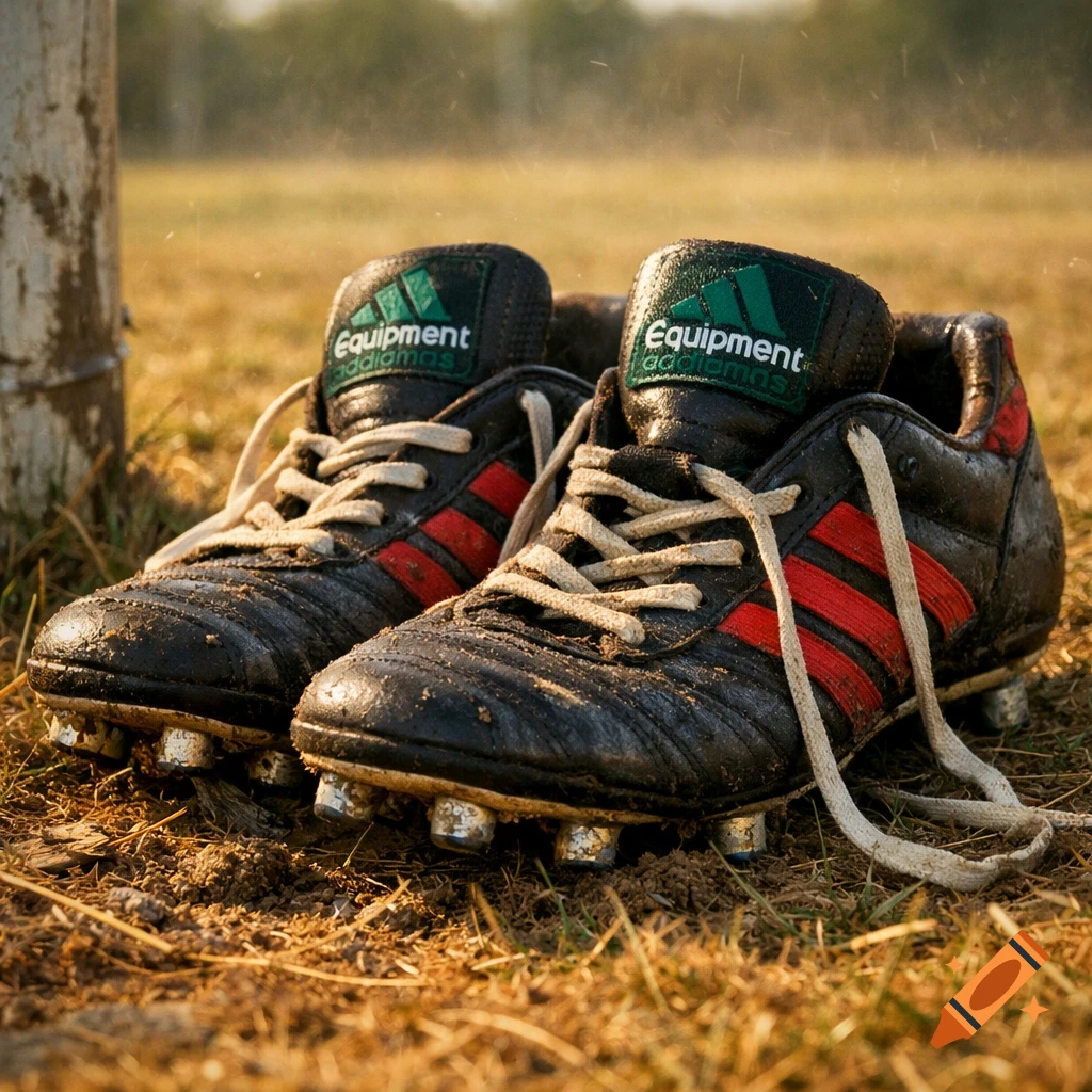 Close-up, low-angle view of a pair of black and red Adidas Equipment soccer cleats with white laces, covered in dirt, lying on a dry, grassy field in warm afternoon light.