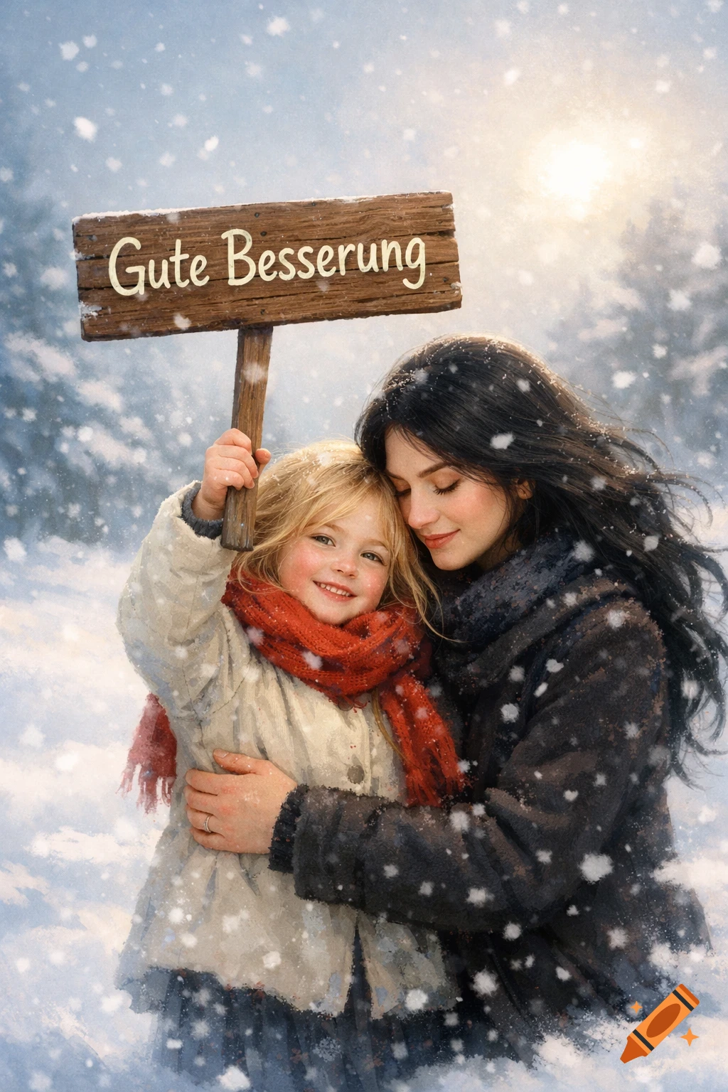 A mother and daughter embrace in falling snow, holding a wooden sign that says "Gute Besserung" (Get Well Soon).