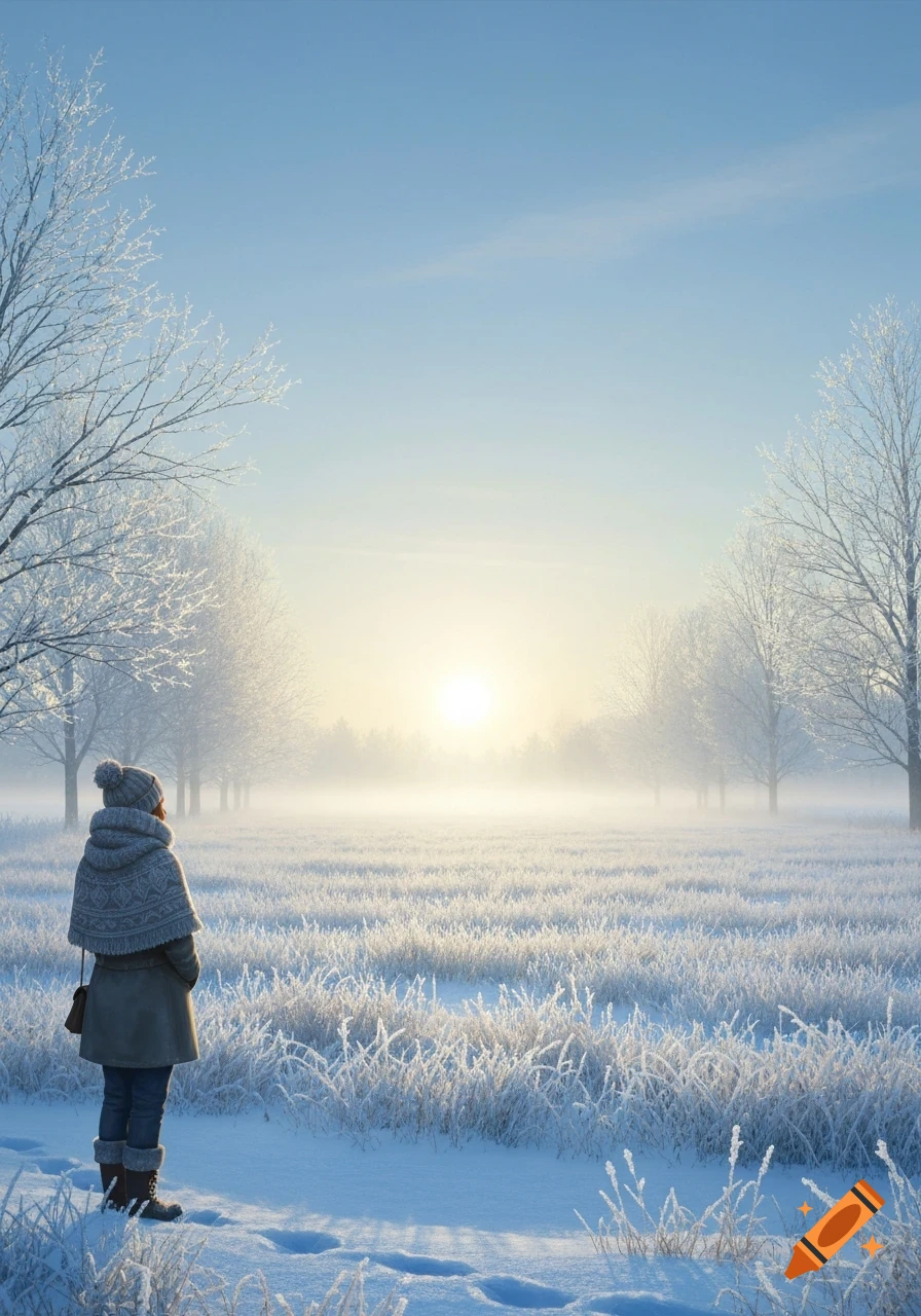 A person in winter clothes stands in a frosty, snowy field, looking at the misty sunrise over distant trees. Photorealistic.