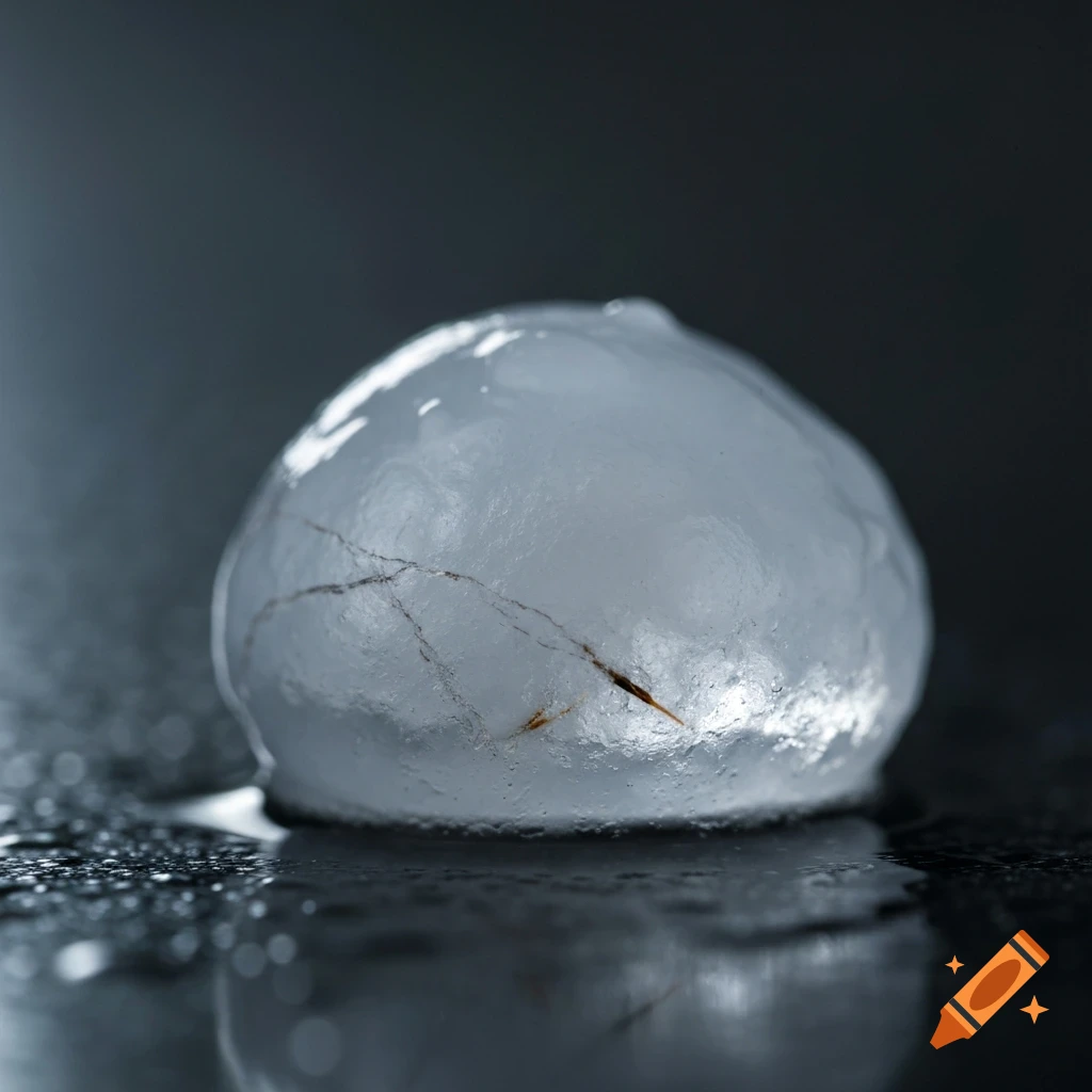 A close-up, highly detailed shot of a translucent, melting hailstone with internal cracks, resting on a wet, dark surface with reflections and water droplets.