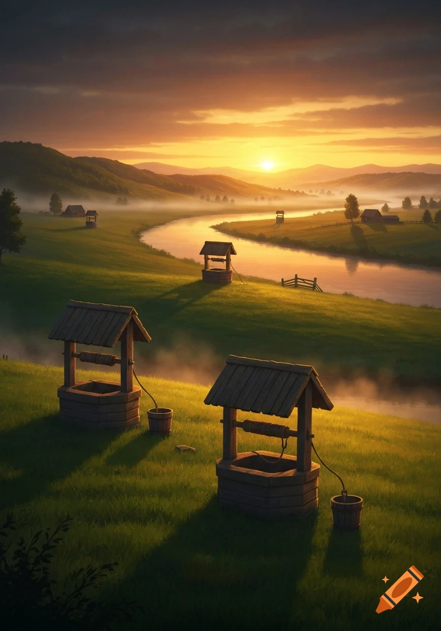 A serene, painterly landscape at sunrise or sunset, featuring a winding river, rolling hills, and several wooden water wells scattered across grassy fields.