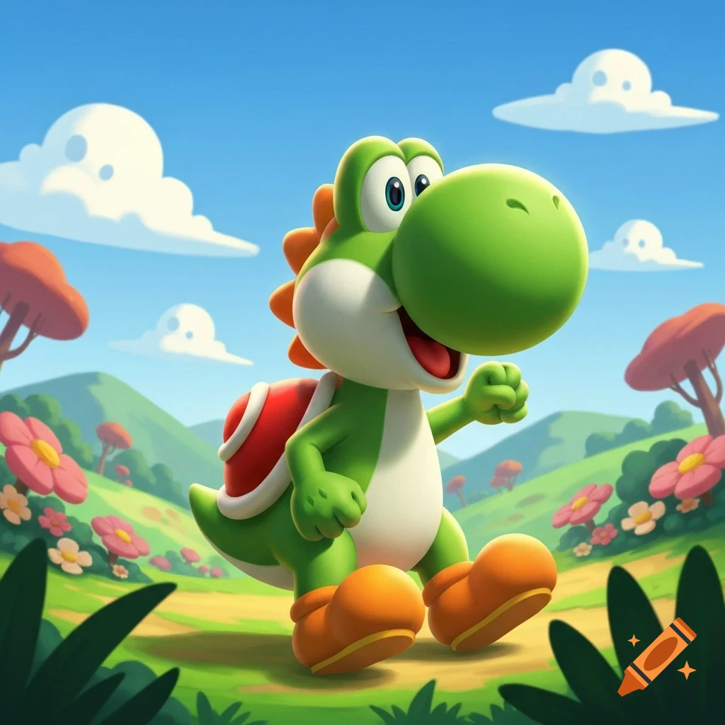 A cartoon Yoshi character with a red shell and orange boots walks through a vibrant green, hilly landscape under a blue sky.
