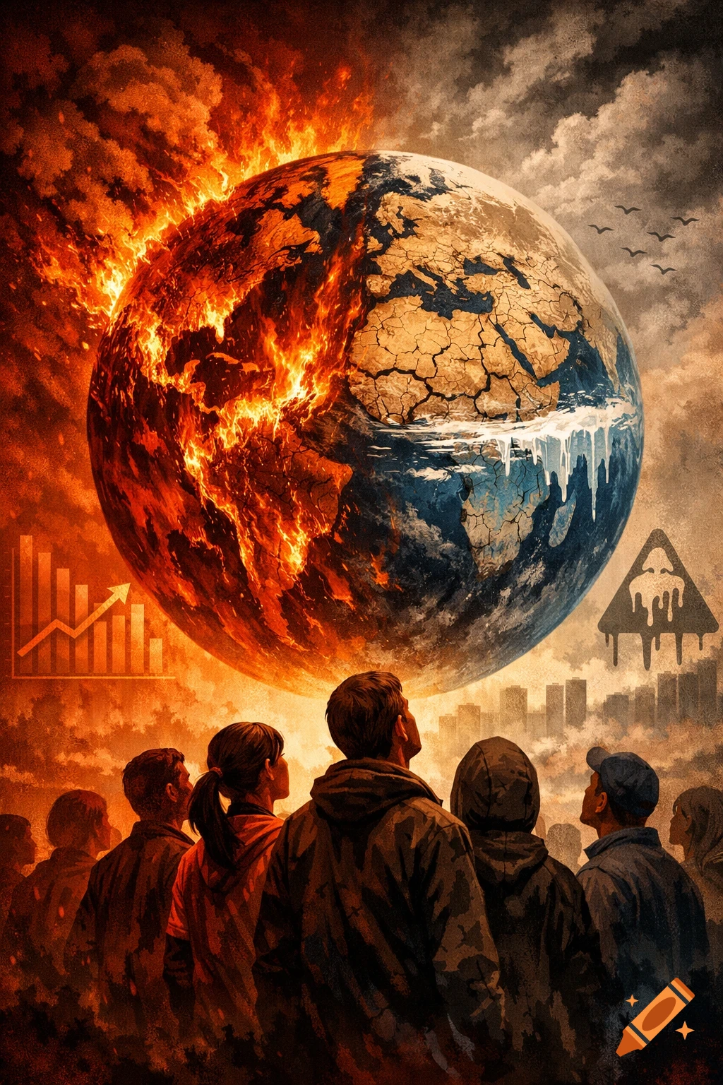 Illustrative poster of Earth, half aflame and half cracked/melting, as people gaze up from a city, depicting climate change.
