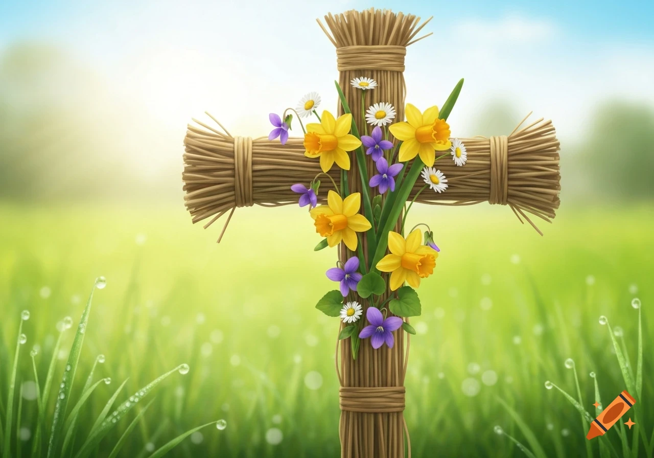 A straw St Brigid's cross adorned with yellow daffodils, purple violets, and white daisies in a dewy green field.