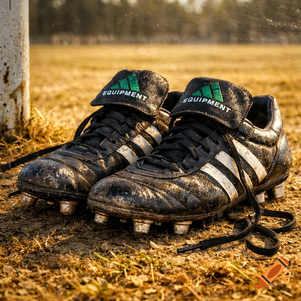 A pair of dirty black Adidas football boots with white stripes and green logos lie on a dry, sun-drenched grass field in late afternoon light.
