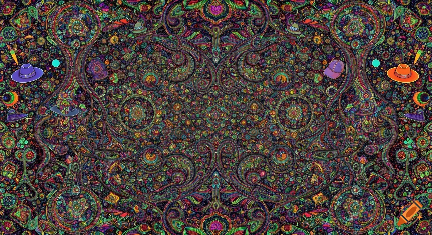 An ultra-detailed, vibrant, psychedelic abstract pattern featuring flowing fractals, organic forms, cosmic structures, and scattered hats.