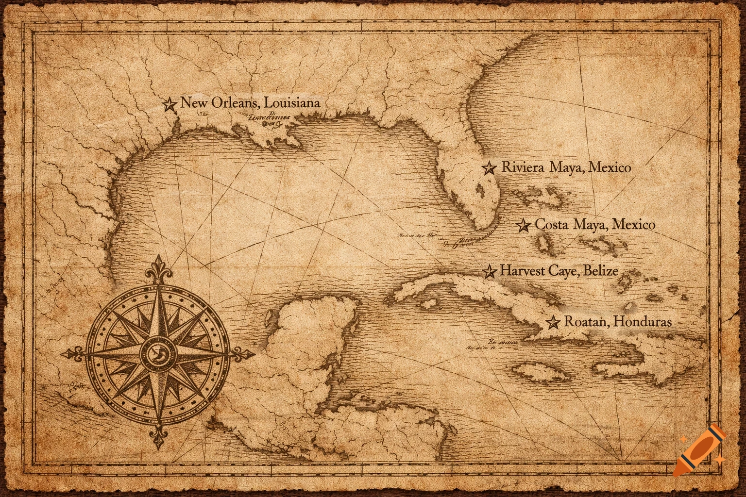 An antique parchment map showing the Gulf of Mexico and Caribbean Sea with New Orleans, Riviera Maya, Costa Maya, Harvest Caye, and Roatan marked, featuring a compass rose.