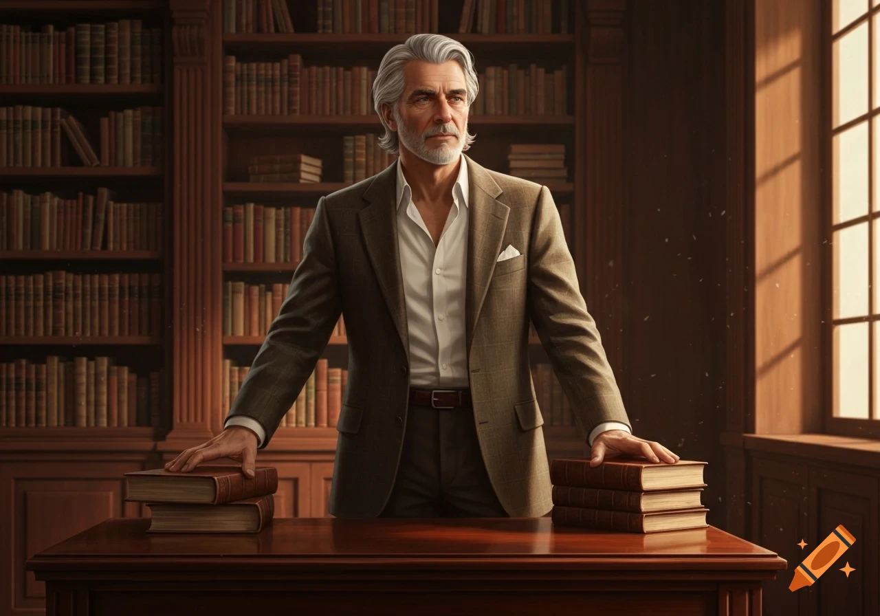 A distinguished man with gray hair and a beard stands in a classic library, hands resting on books on a wooden desk.