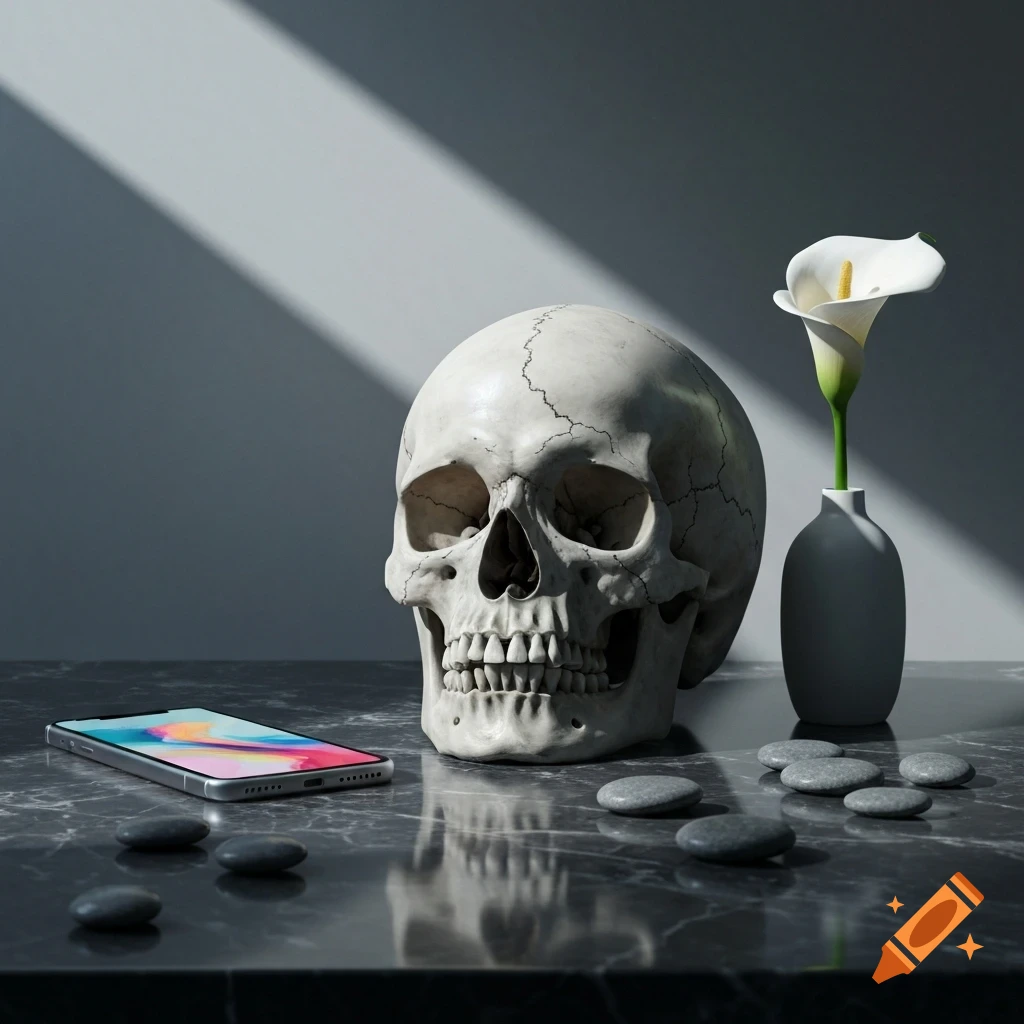 A white human skull, a smartphone with a colorful screen, a white calla lily in a vase, and dark pebbles on a reflective marble table under dramatic light.