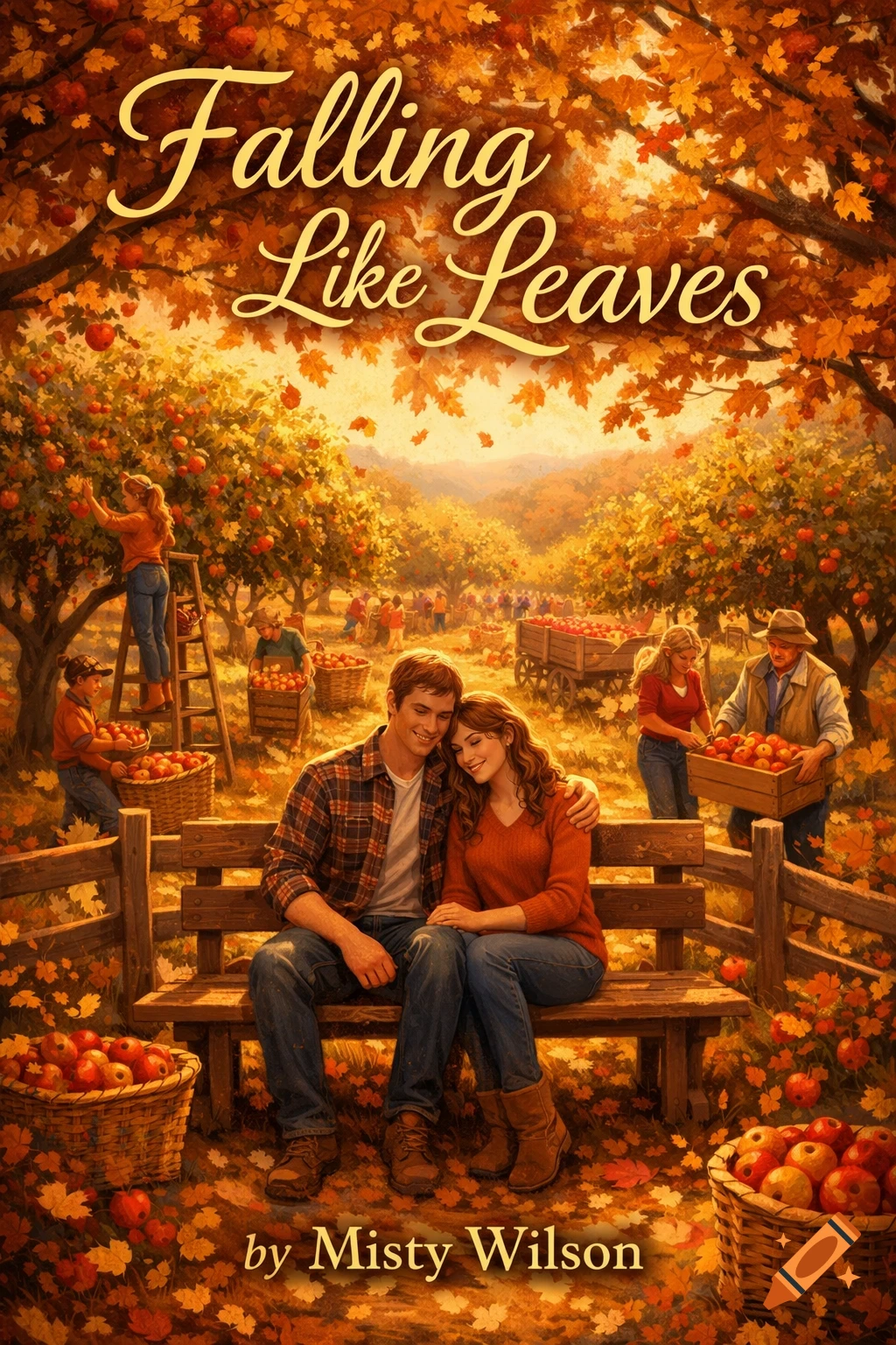 An autumnal book cover titled "Falling Like Leaves" by Misty Wilson, showing a couple on a bench in an apple orchard with pickers.