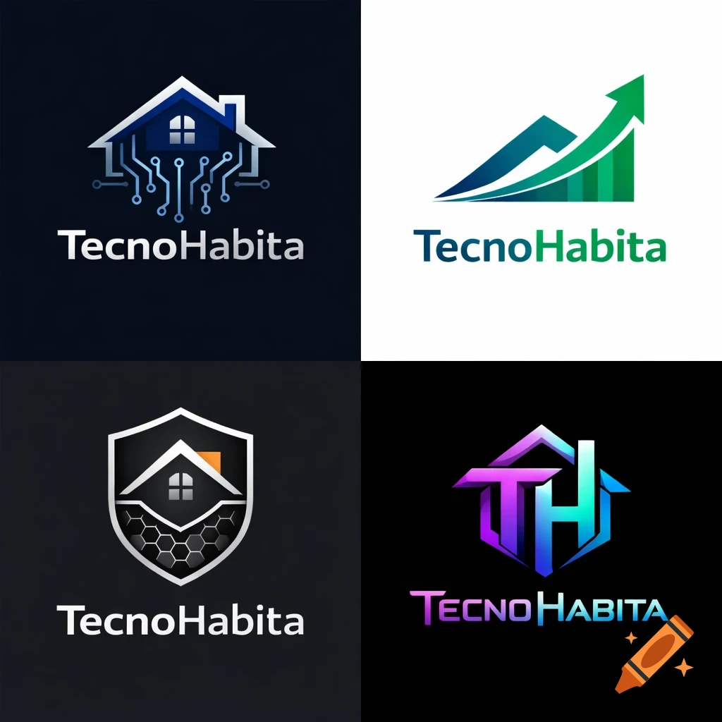 Four different logo designs for TecnoHabita: a house with circuits, an upward chart, a shield with a house, and abstract TH initials.