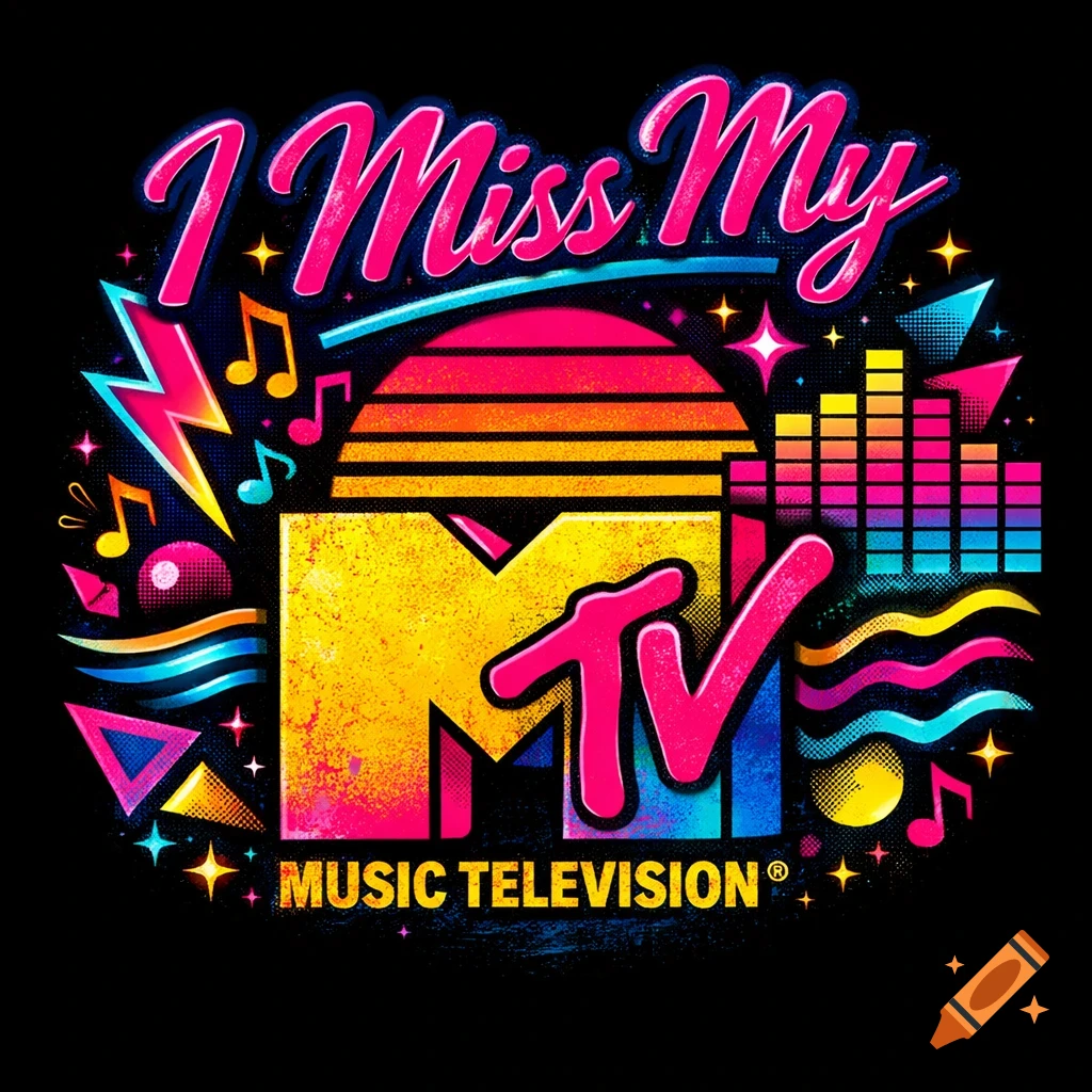 Vibrant retro graphic tee design with 'I Miss My MTV' text, the classic MTV logo, musical notes, and geometric shapes.