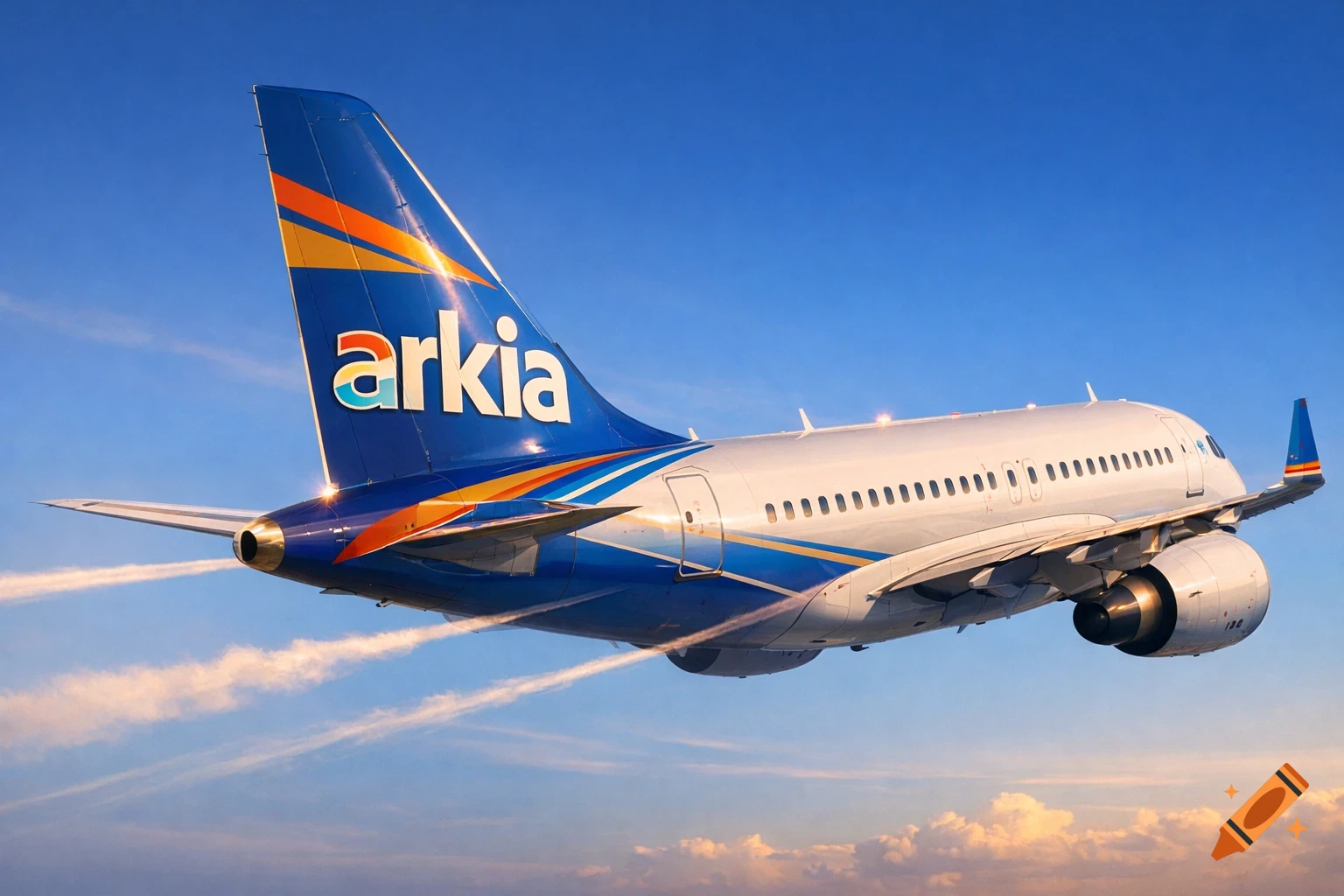 A photorealistic Arkia airplane with a blue and orange tail fin flies against a bright blue sky, seen from the rear.