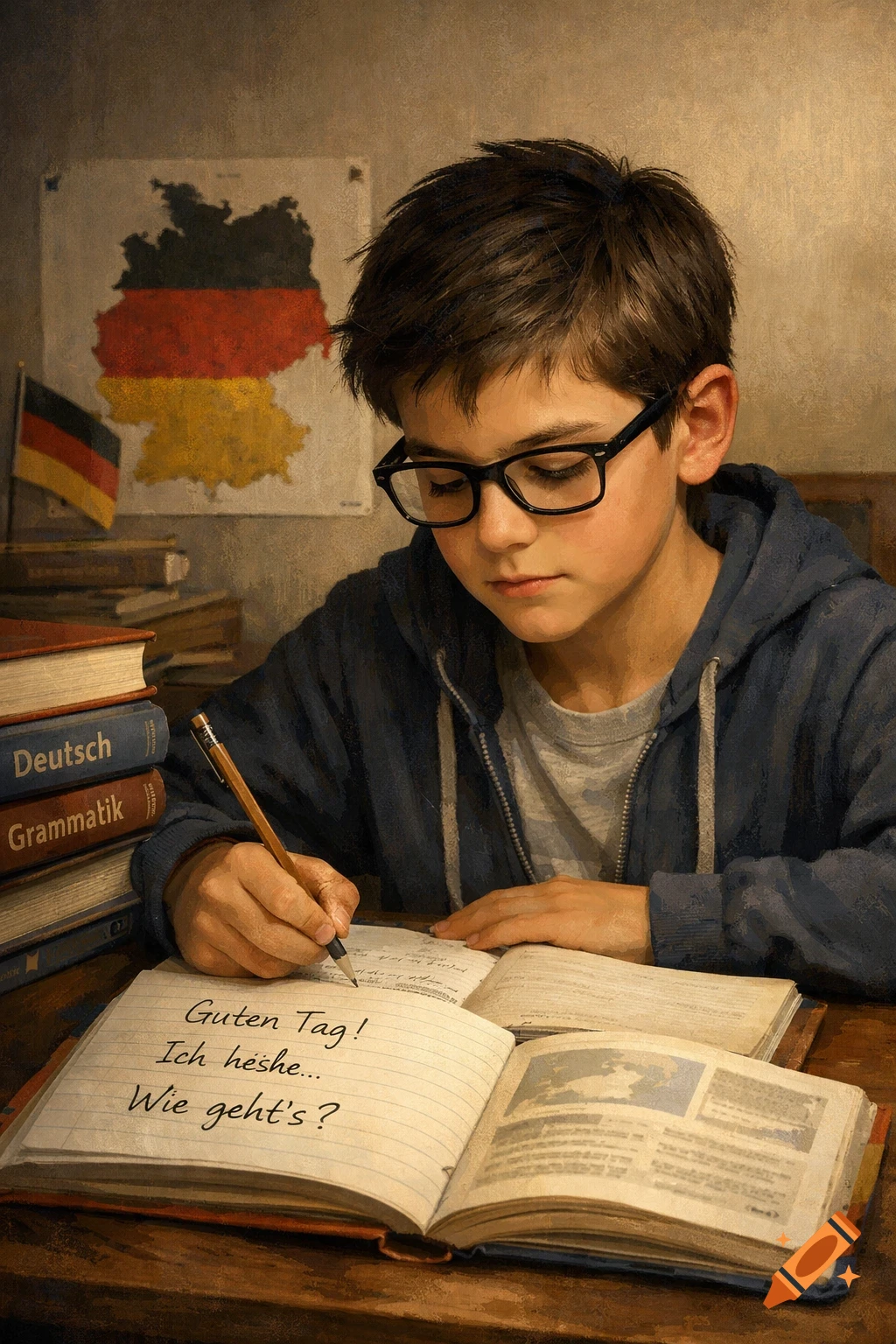 A young boy with dark hair and glasses studies German, writing in a notebook on a wooden desk. Books titled "Deutsch" and "Grammatik" are stacked beside him, with a map of Germany and a German flag in the background, all in a painterly style.