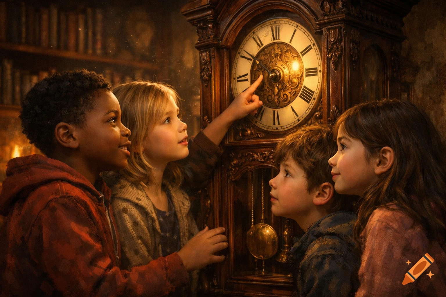 Four diverse children, bathed in golden light, gather around an ornate grandfather clock in a dimly lit, magical room.