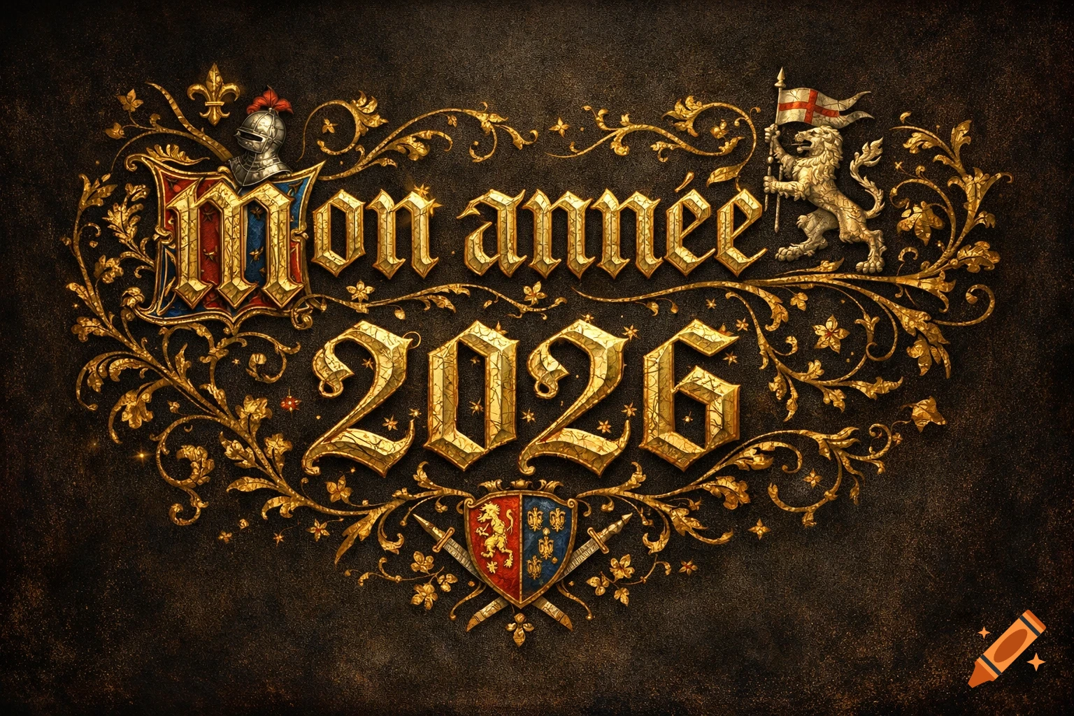 Ornate medieval gold calligraphy reads 'Mon année 2026', featuring a knight's helmet, a lion with a flag, and a shield on a dark background.