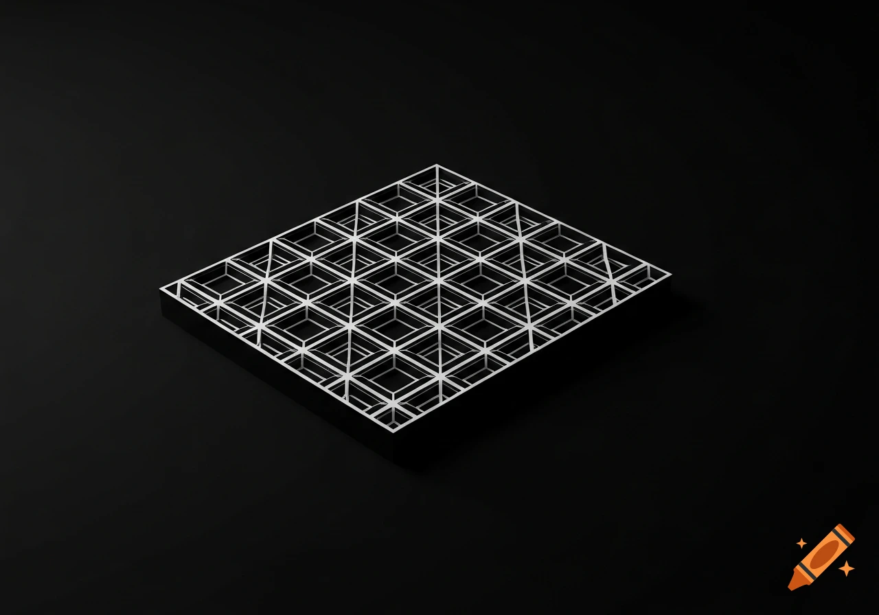A minimalist white geometric grid pattern on a black background, viewed from an isometric angle.