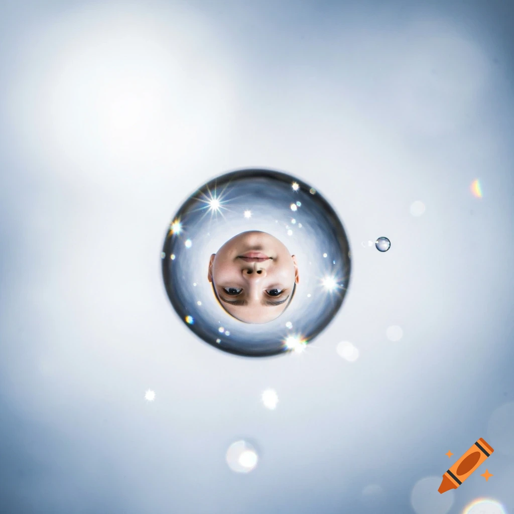 A person's face is reflected upside down in a sparkling water droplet against a soft, bright background.