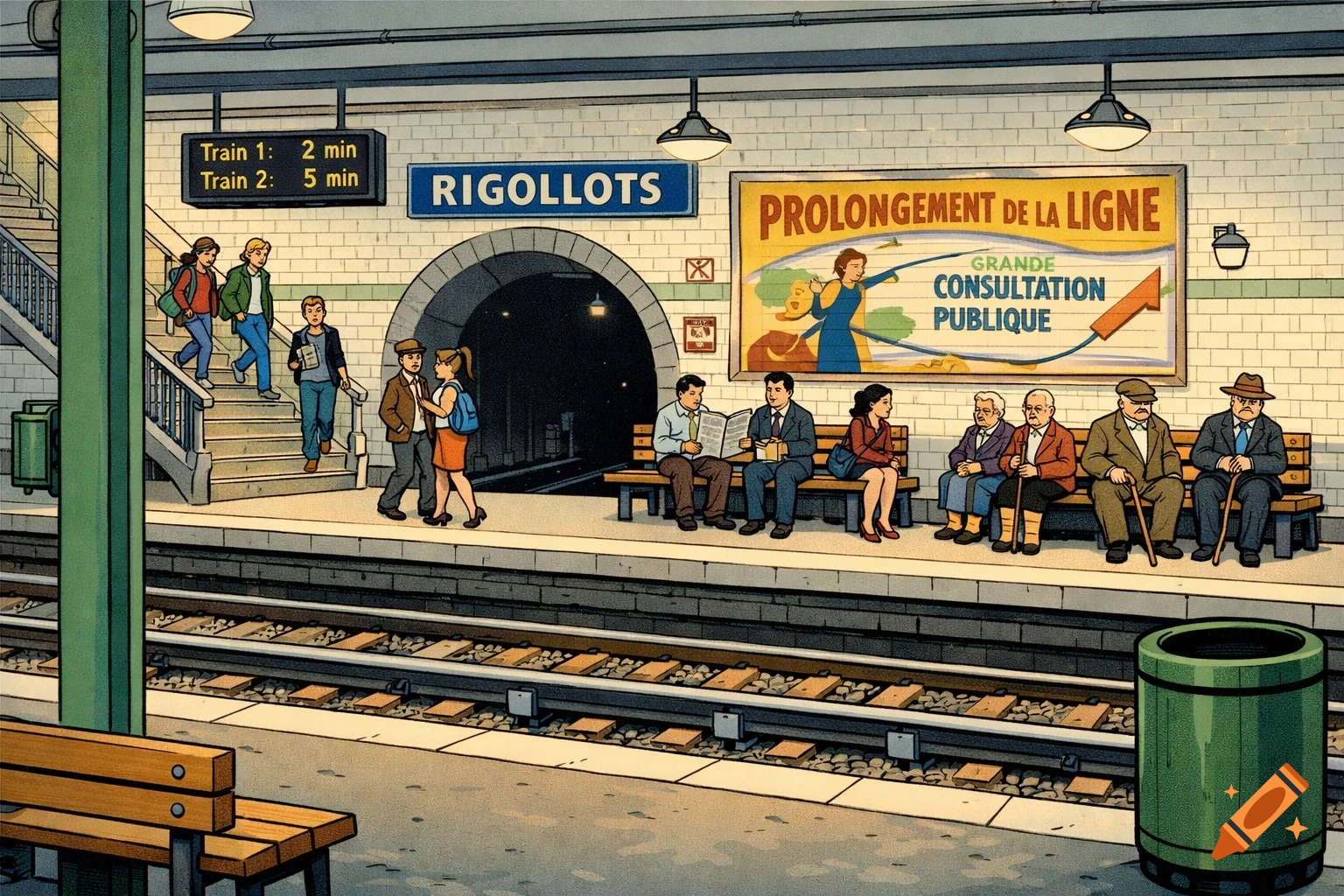 A comic book style illustration of people waiting on a subway platform, with trains arriving in 2 and 5 minutes.
