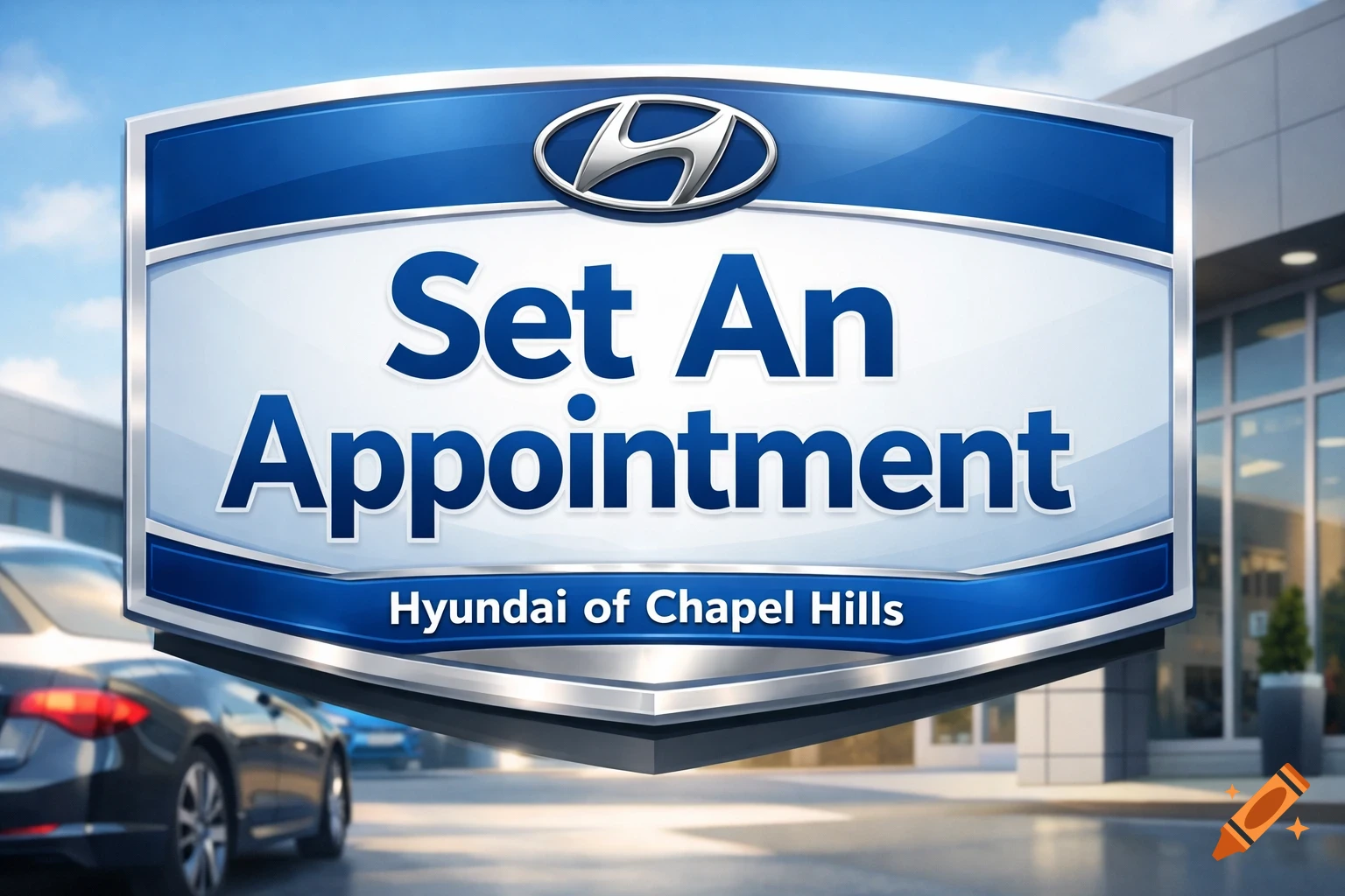 A photorealistic blue and white sign for Hyundai of Chapel Hills reading 'Set An Appointment' at a car dealership.