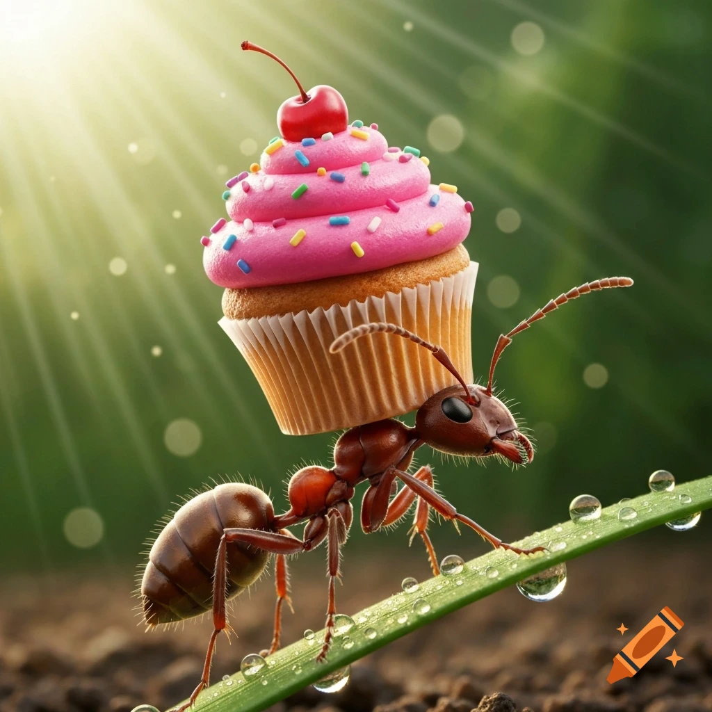 A close-up, photorealistic image of a tiny ant carrying a large pink cupcake with sprinkles and a cherry on its back, walking on a dewy green leaf under dappled sunlight.