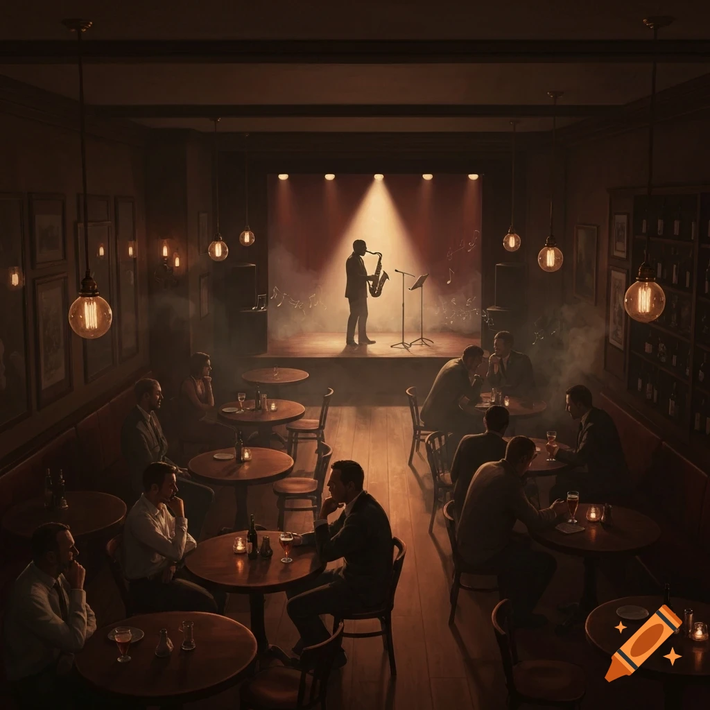 A solo saxophone player performs on a spotlighted stage in a dimly lit jazz tavern, with patrons seated at tables.