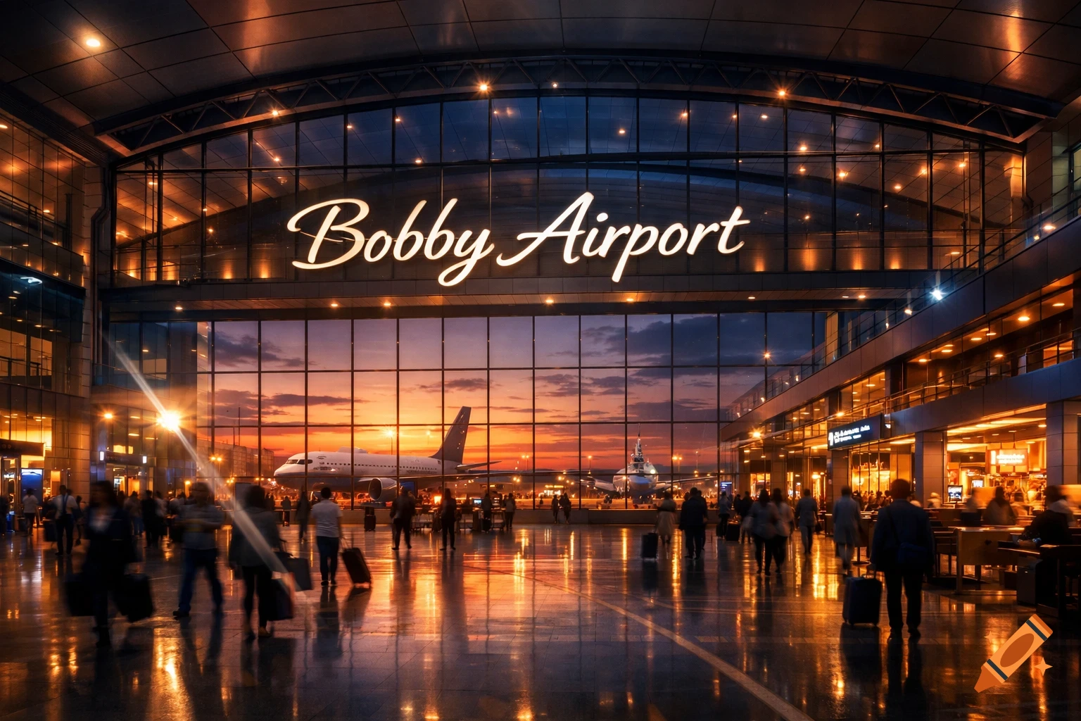 A vibrant interior view of 'Bobby Airport' at sunset, with illuminated signs, busy travelers, and airplanes visible through a large glass window.