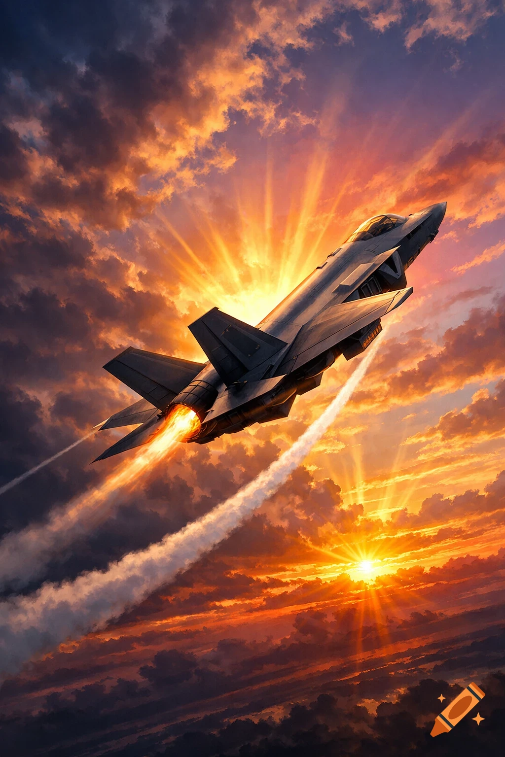 A photorealistic F-35 fighter jet climbs through a dramatic sunset sky, its engine ablaze and leaving a white contrail.