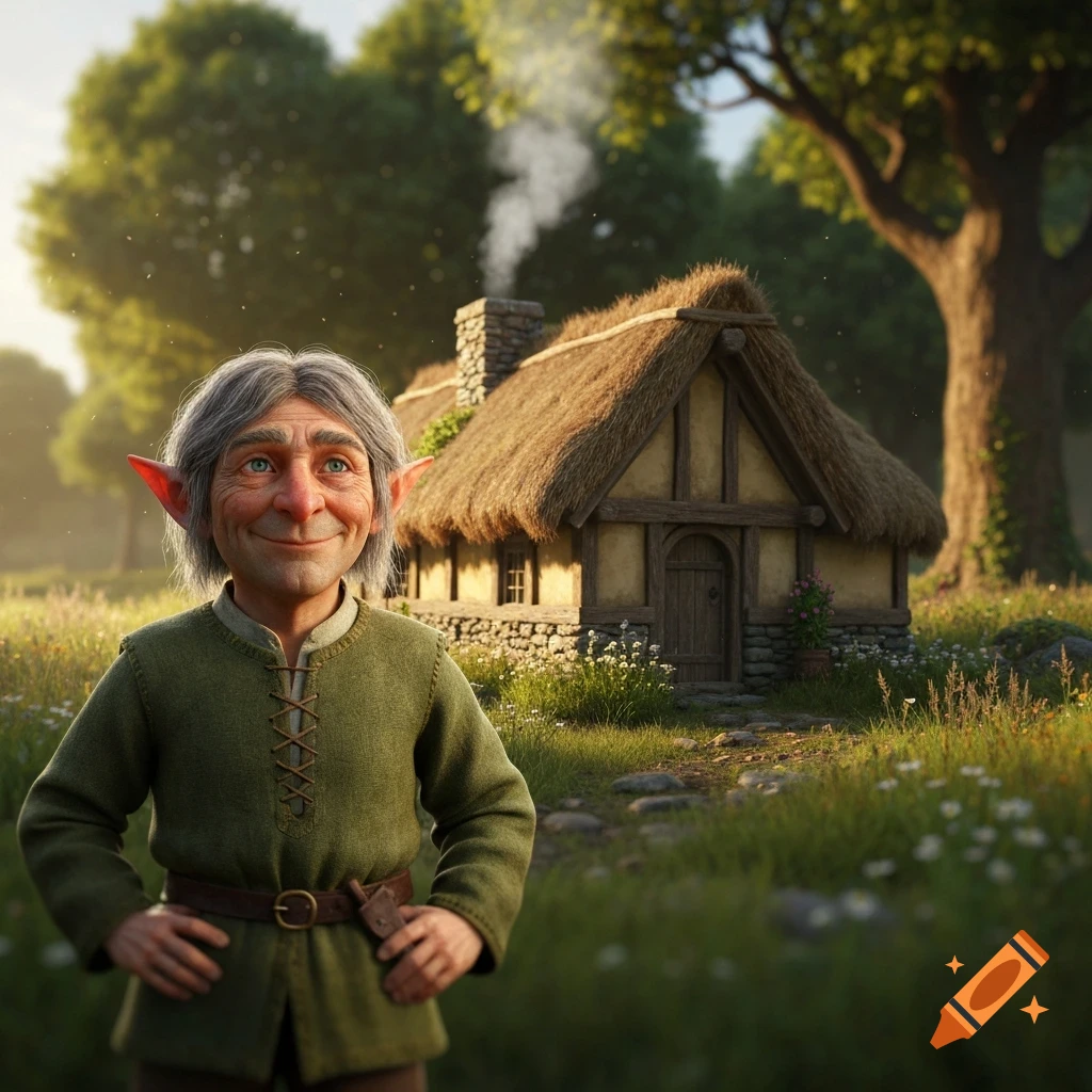 A smiling fantasy character with pointy ears stands in front of a thatched-roof cottage in a sunny, green field.
