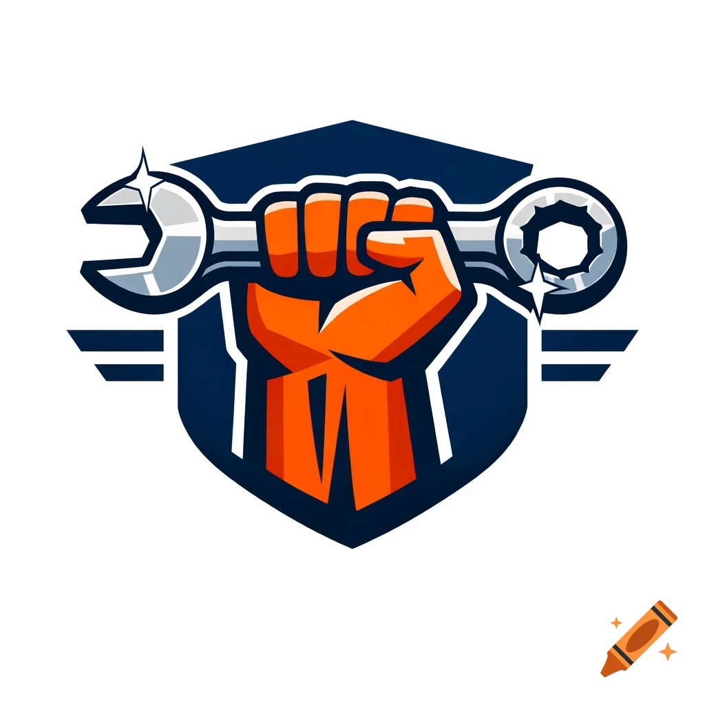 A stylized logo featuring an orange clenched fist holding a silver wrench against a dark blue shield background.