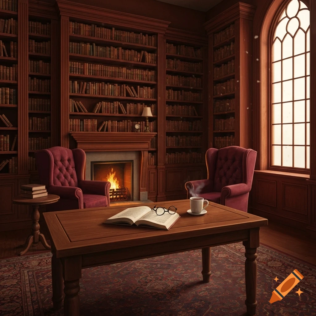 A cozy, traditional library with dark wooden bookshelves, a fireplace, two red armchairs, a coffee table with an open book, and a large arched window.