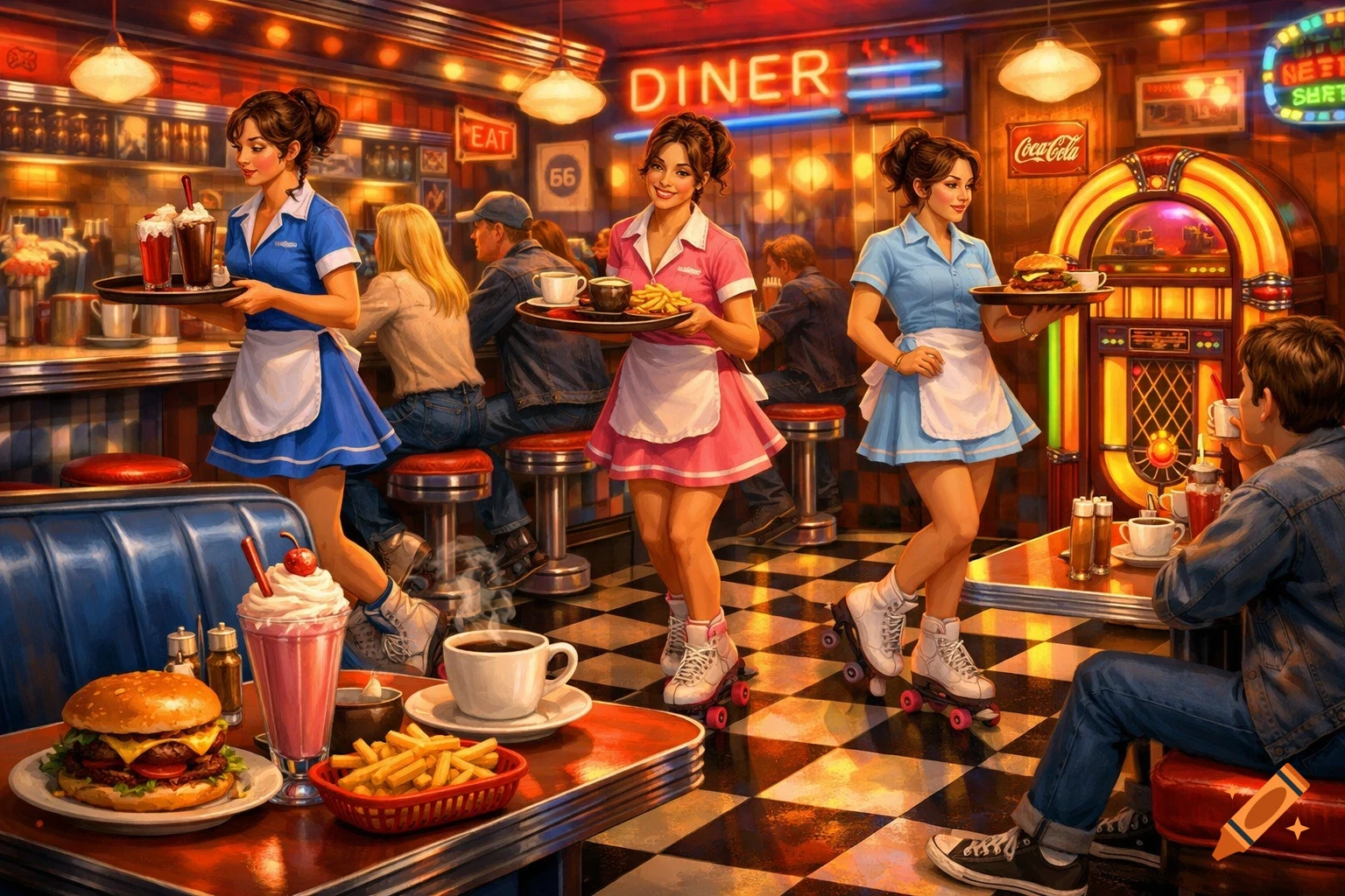 A vibrant 60s/70s American diner scene with waitresses in blue and pink dresses on roller skates serving customers burgers, fries, milkshakes, and coffee.