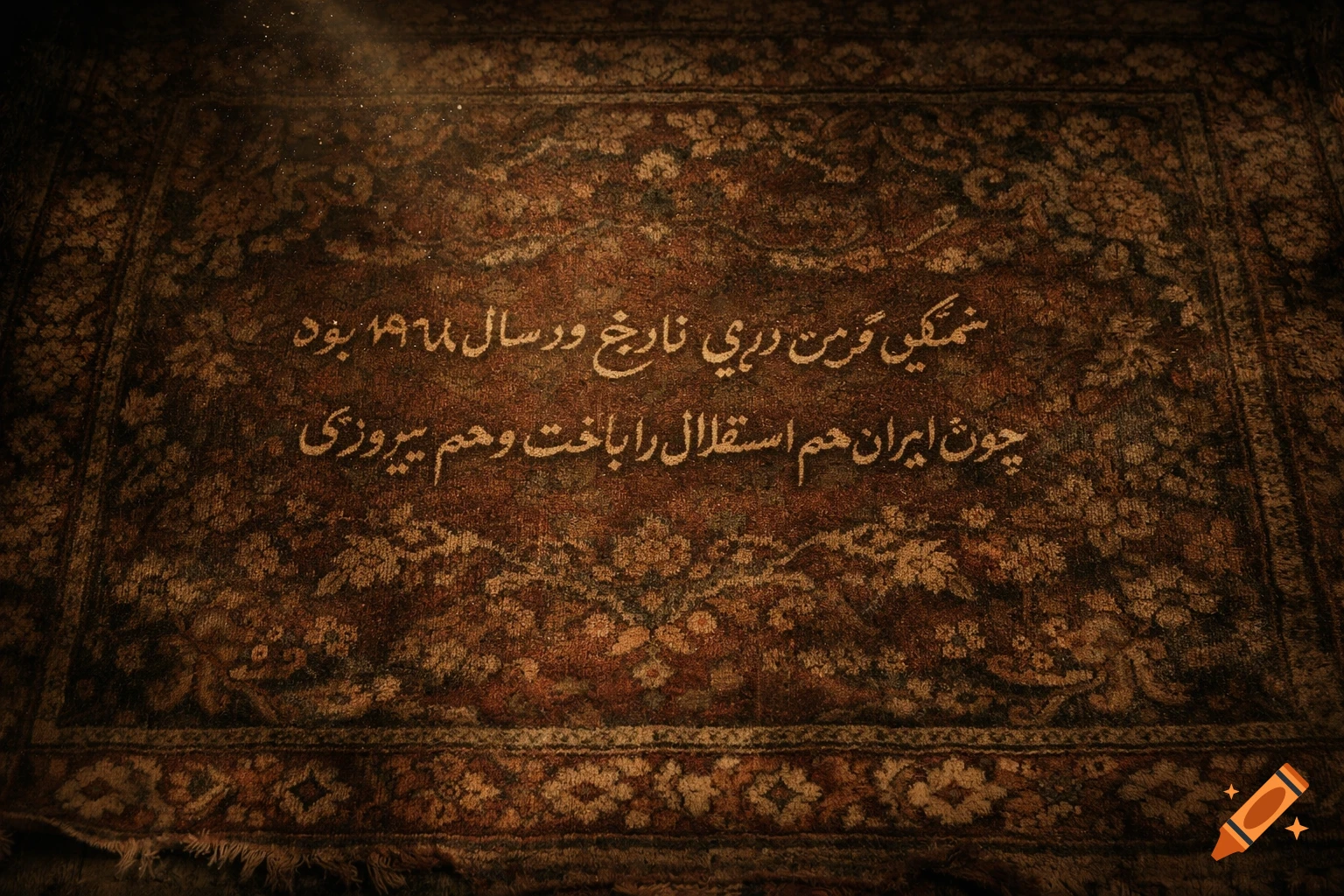 Detailed old Persian rug with embedded Farsi text on its dark, patterned surface, illuminated by a dusty light.