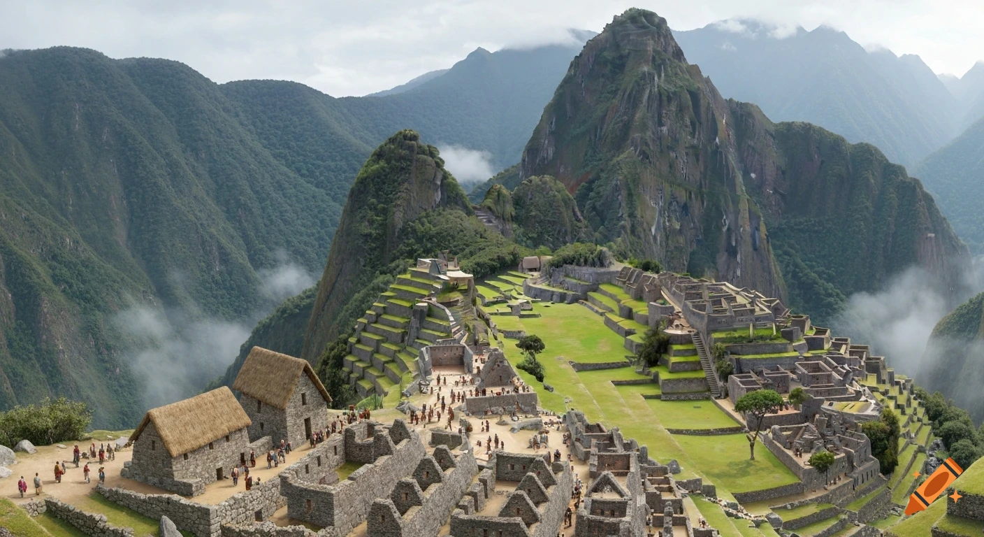 Panoramic view of ancient Machu Picchu city with stone buildings, agricultural terraces, and many people, surrounded by lush green mountains and mist.