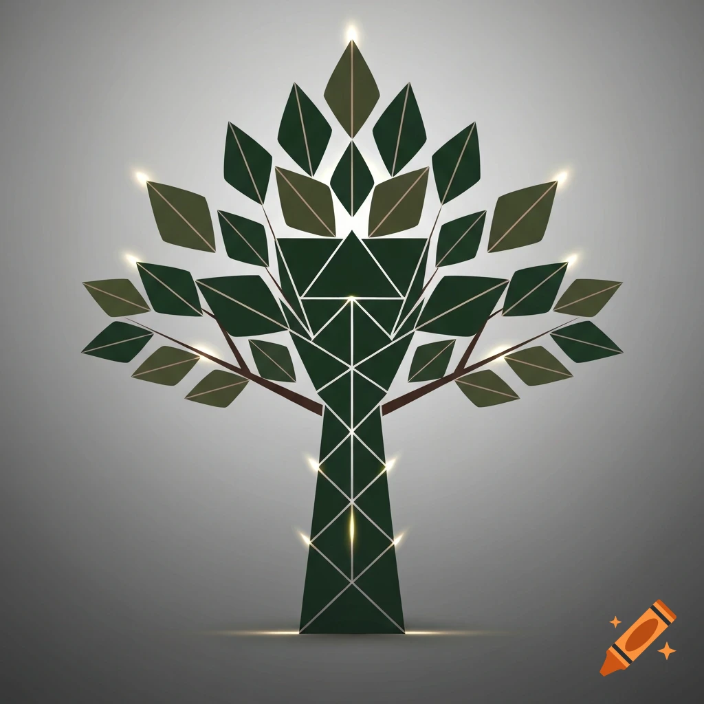 Stylized dark green geometric tree with diamond-shaped leaves and glowing points on a grey background.