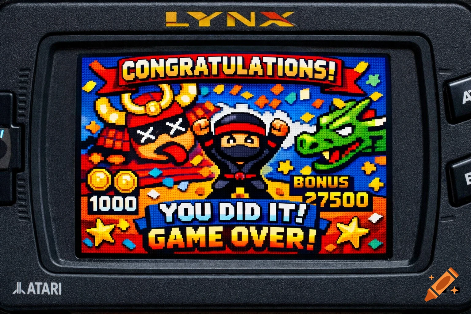 Close-up of an Atari Lynx screen showing a pixel art game completion with a ninja, defeated samurai, and dragon, displaying 'CONGRATULATIONS! YOU DID IT! GAME OVER!'