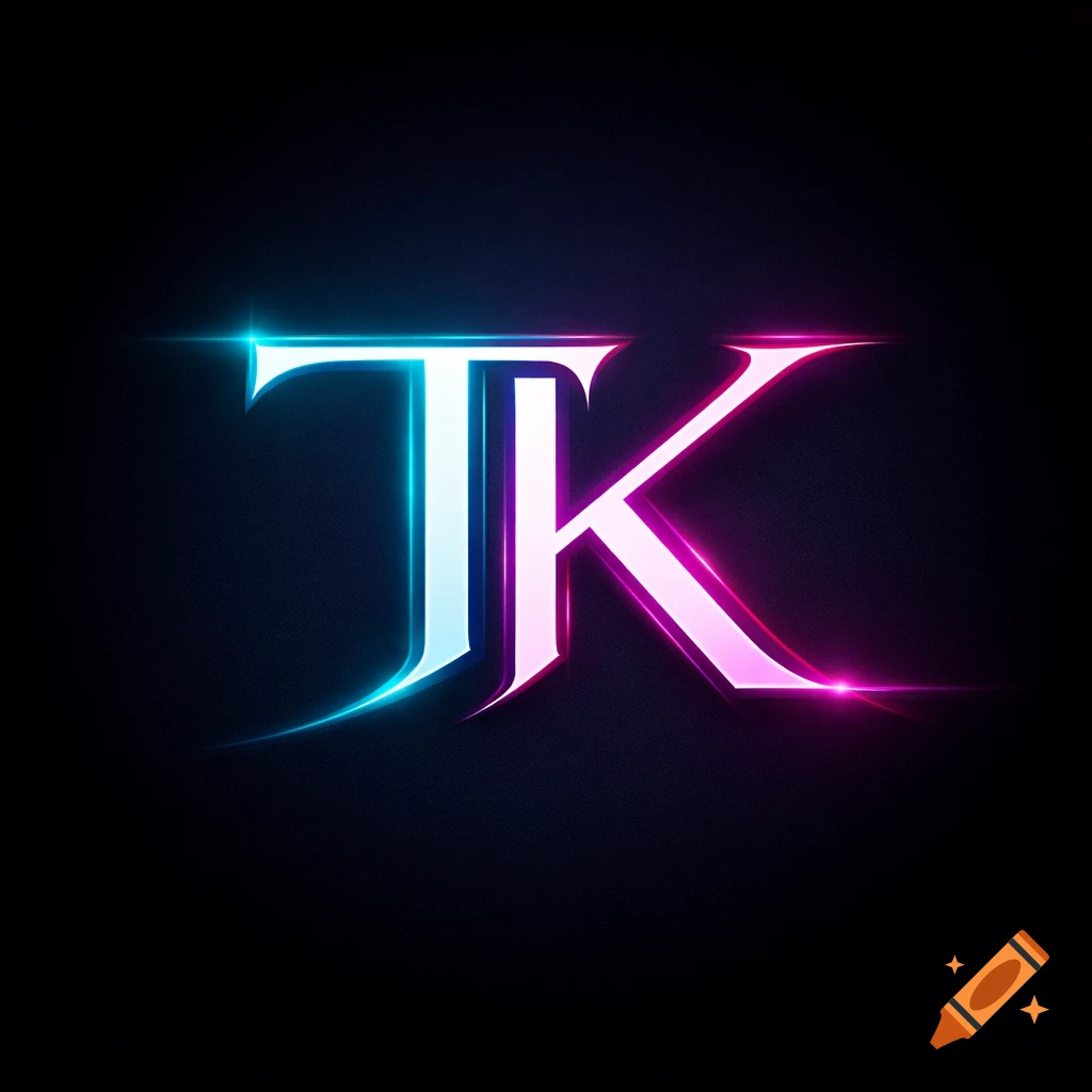 Stylized capital letters 'T' and 'K' with glowing blue and pink neon effects on a dark background, forming an elegant logo.