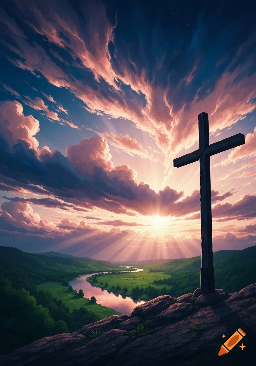 A wooden cross stands on a rocky hill overlooking a river and green valley at sunrise, with dramatic pink and blue clouds.