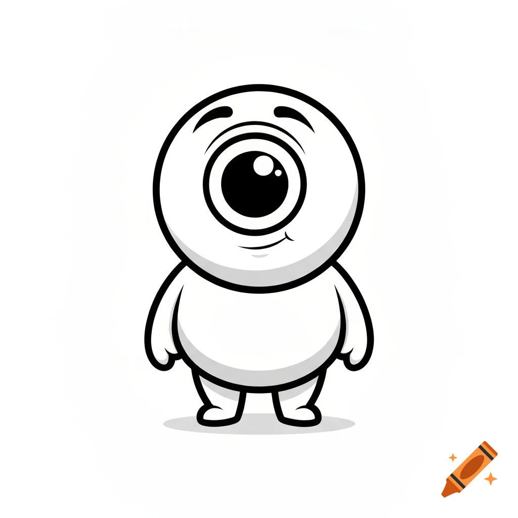 A cute, round, black and white cartoon cyclops character with a smiling expression stands facing forward.
