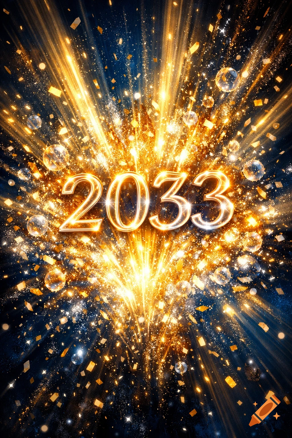 Golden fireworks explode with confetti, glitter, and bubbles around the glowing numbers '2033' on a dark blue background.