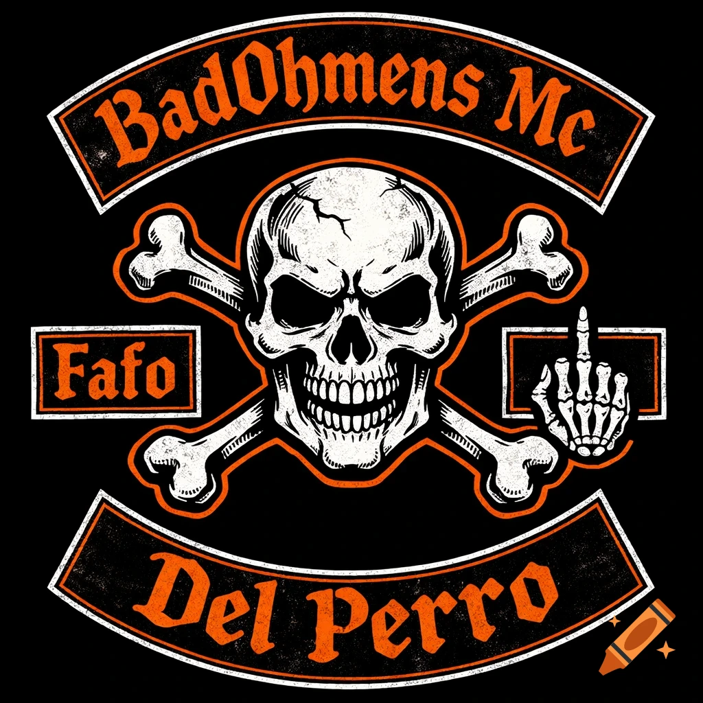 Graphic logo for a motorcycle club patch with a skull, crossbones, text "BadOhmens Mc", "Del Perro", "Fafo", and a skeleton middle finger.