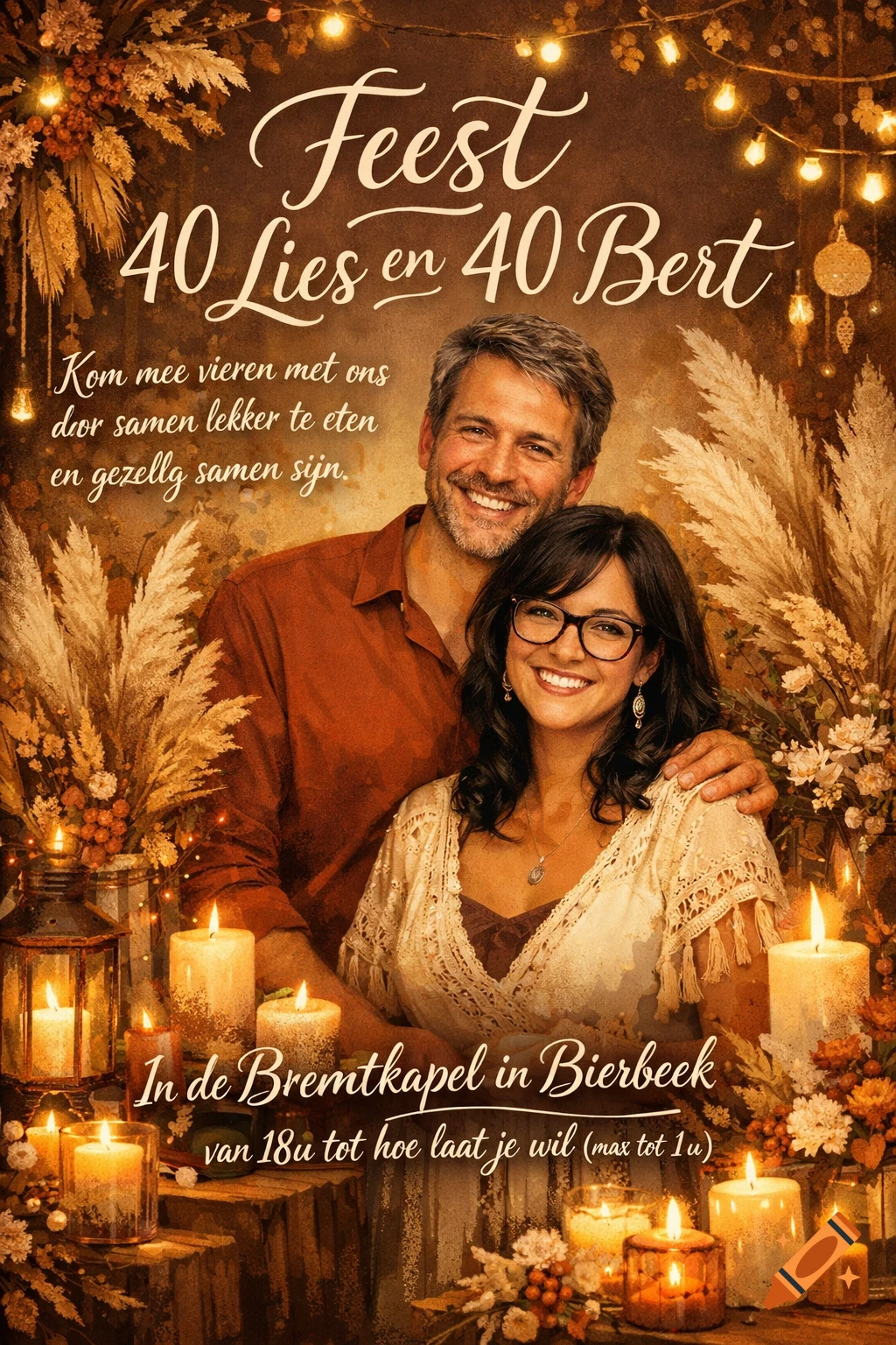 A boho-style invitation featuring a smiling man and woman surrounded by pampas grass, candles, and fairy lights, with Dutch text for a 40th birthday party.