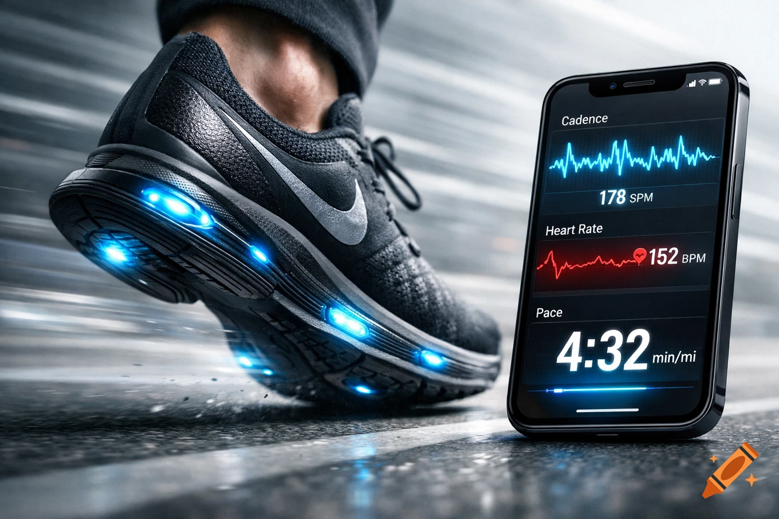 Close-up of a Nike running shoe with glowing blue sensors next to a smartphone displaying running metrics like cadence, heart rate, and pace.