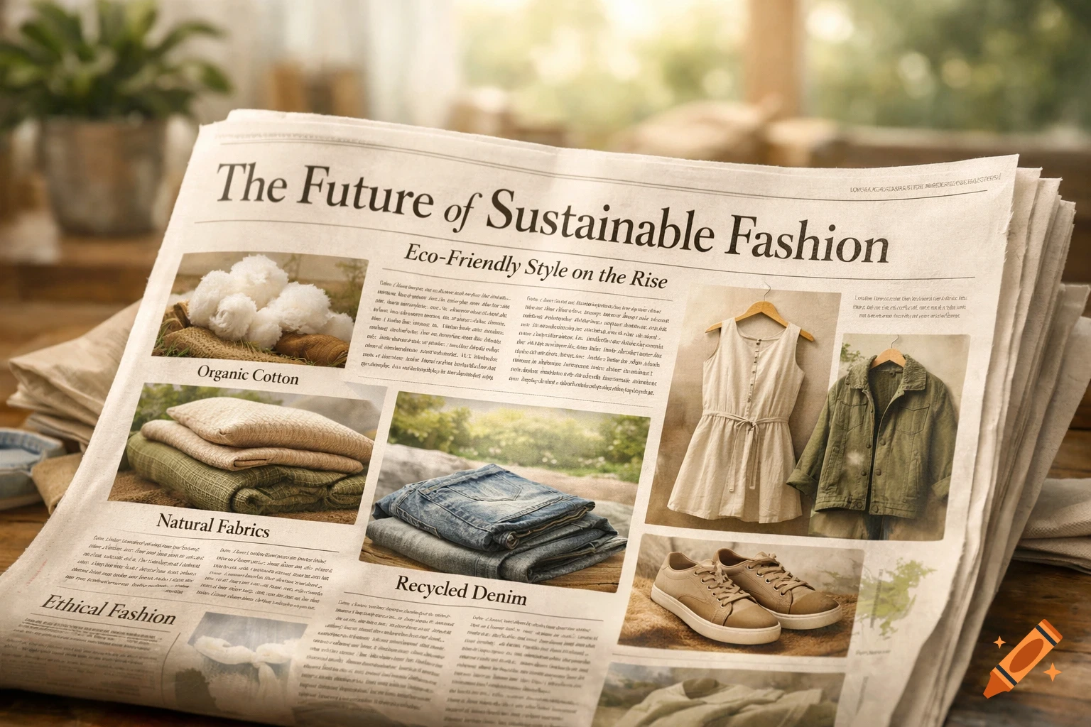 Close-up of a newspaper titled 'The Future of Sustainable Fashion', featuring articles and photos of organic cotton, natural fabrics, clothing, and shoes.